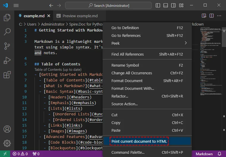 Markdown을 HTML로 변환하려면 현재 문서를 HTML로 인쇄 옵션을 선택하세요.