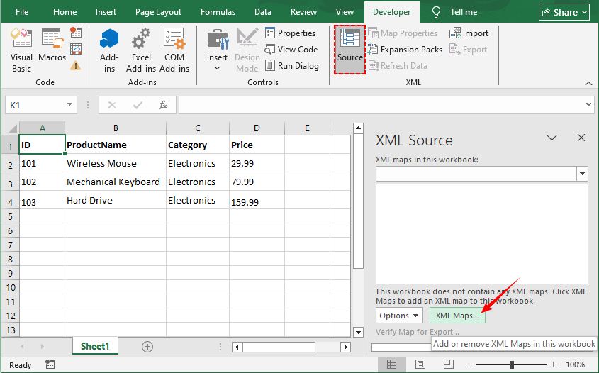 Interfaccia della scheda Sviluppo di Excel che mostra il riquadro Origine XML e la finestra di dialogo Mappe XML.