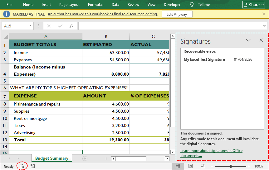 Ventana de Excel con la barra lateral de firmas abierta a la derecha, mostrando los detalles de la firma aplicada.