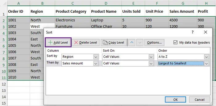 Neue Ebene zum Sortieren nach Verkaufsbetrag hinzufügen