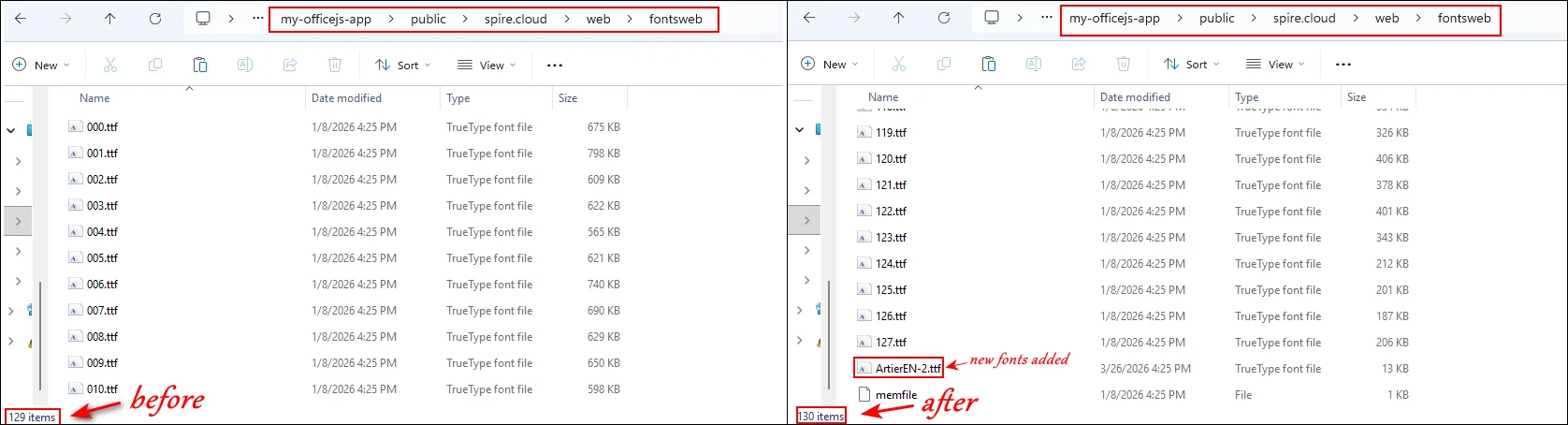 replace the fontsweb folder with a new file folder included the new font
