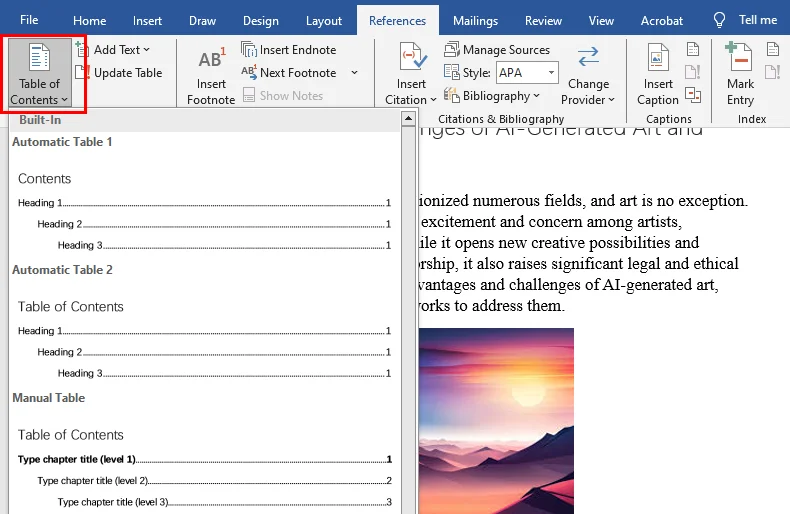 Ajouter une table des matières dans Word