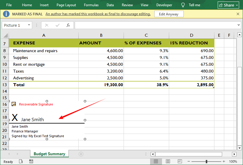 Hoja de cálculo de Excel que contiene una línea de firma visible con un nombre firmado.