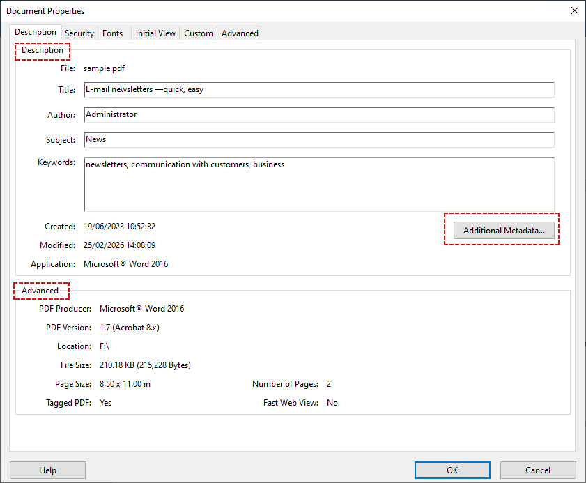 Adobe Acrobat Pro PDF metadata description tab.