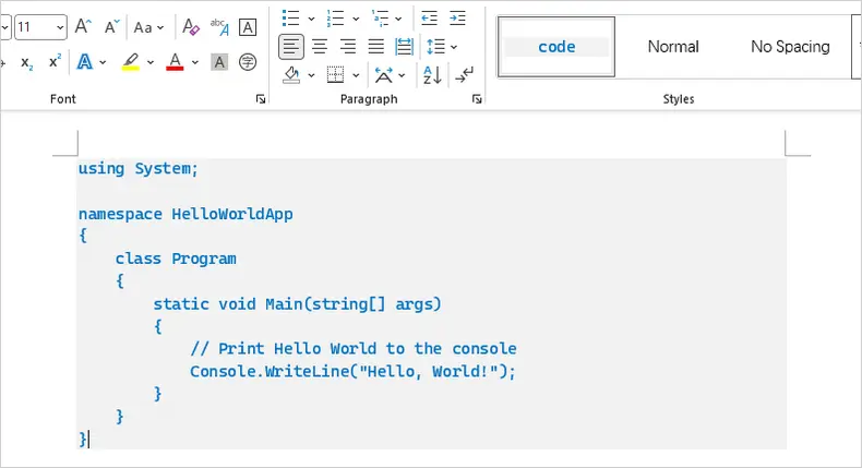 Apply a Custom Code Style in Word