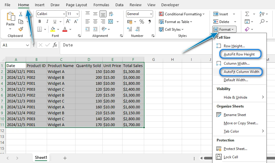 Auto Format Column Width and Row Height in Excel