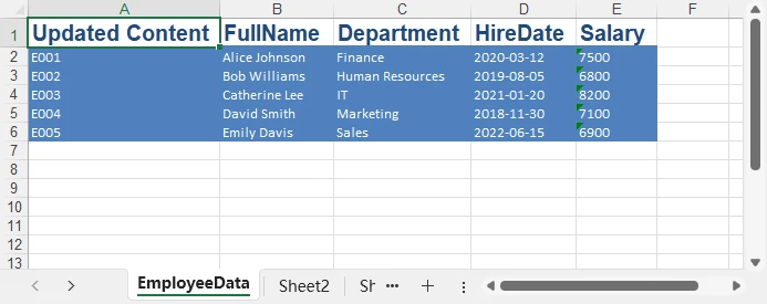 Resultado de actualizar un archivo de Excel usando C#