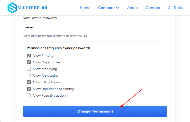 Interface de ferramenta online com caixas de seleção de permissão de PDF