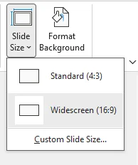 Scegli una dimensione per la diapositiva: Standard, Widescreen o Dimensioni diapositiva personalizzate