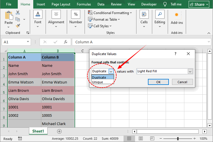 Formato condicional de Excel para resaltar valores coincidentes en rojo claro