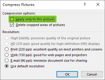 Unselect the Apply only to this picture option to compress all PowerPoint images