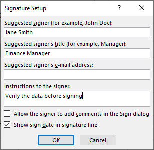 Cuadro de diálogo de Configuración de firma con campos de entrada para el nombre del firmante, el cargo y las instrucciones.