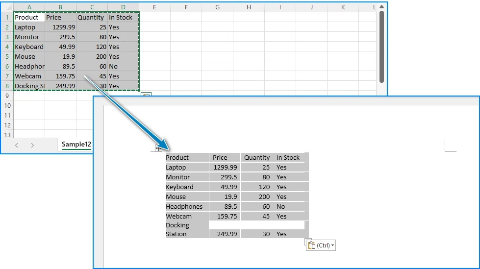 Copiar e colar dados CSV do Excel para o Word