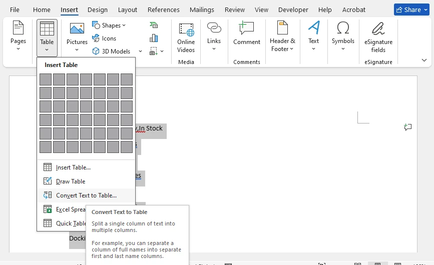 Converter CSV para tabela do Word usando o recurso Texto para Tabela