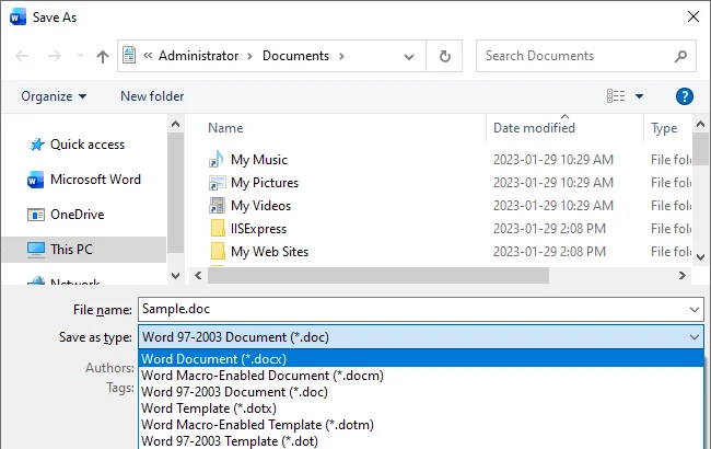 Save as type dropdown selecting DOCX format
