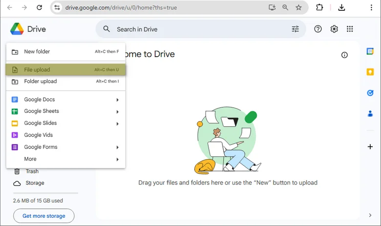 Google Drive file upload menu