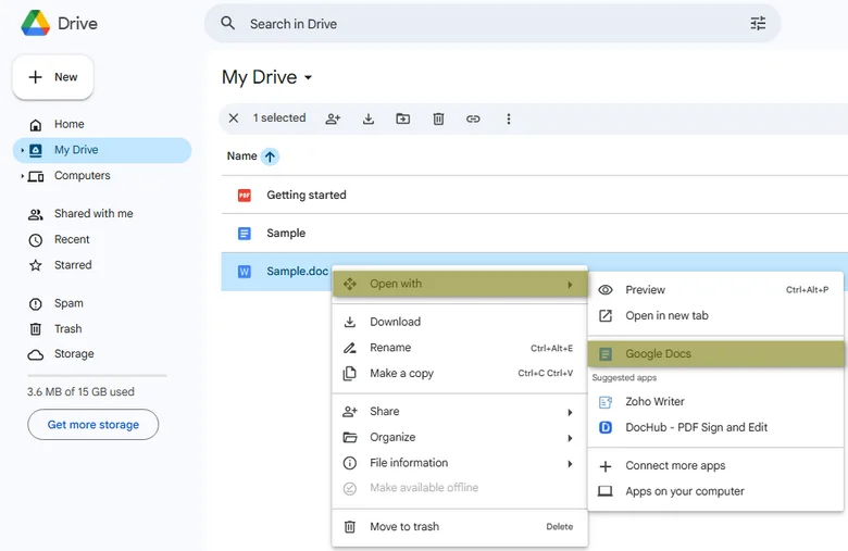 Open with Google Docs option