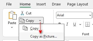 Select Copy as Picture option in Excel Home tab