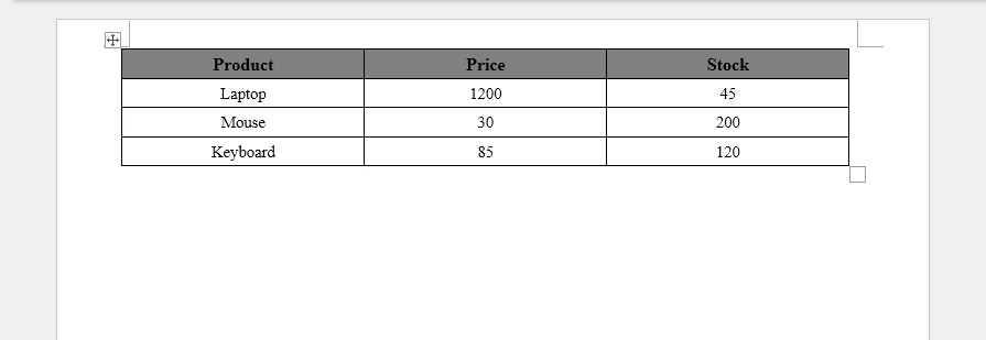 JSON array converted to Word table