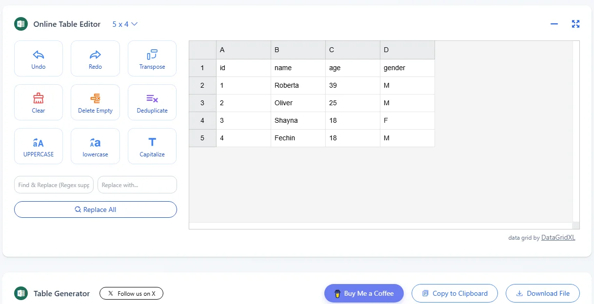 Anteprima della tabella Markdown convertita come foglio di calcolo Excel