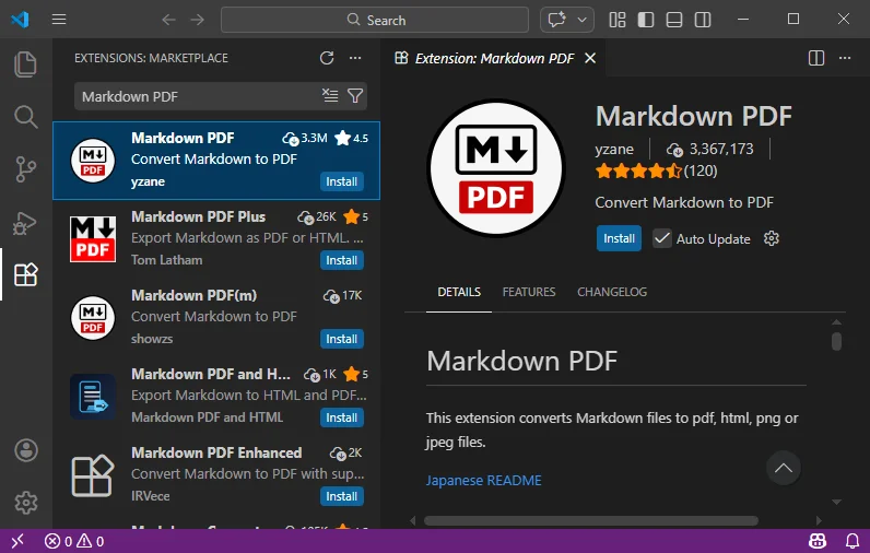 Install Markdown PDF Extension in VS Code