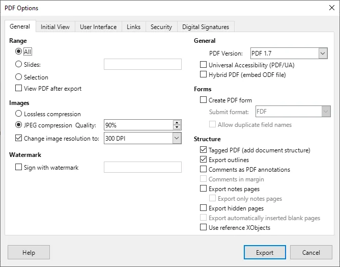 Finestra di dialogo Opzioni di LibreOffice per personalizzare le impostazioni di esportazione PDF