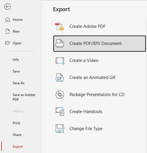 Pulsante Crea documento PDF/XPS di Microsoft PowerPoint per salvare ODP come PDF