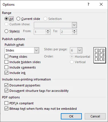 Pulsante Opzioni di PowerPoint per configurare le impostazioni di esportazione PDF