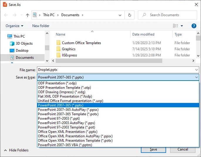 Wählen Sie pptx als gewünschtes Format