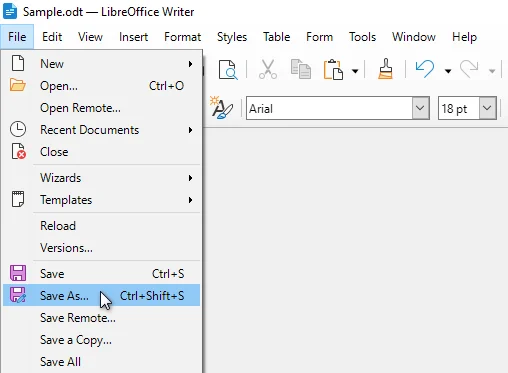 Converti ODT in Word con LibreOffice