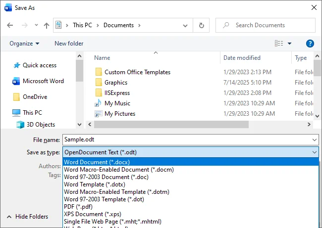 Salva ODT come Word in Microsoft Word