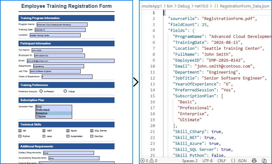 Convert PDF Form Fields to JSON in C#