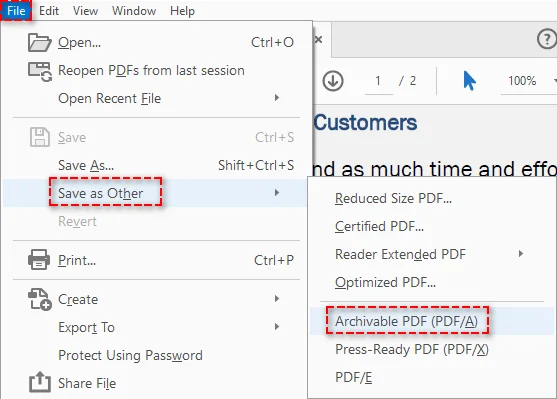 Salvar PDF como PDF/A com o Adobe Acrobat