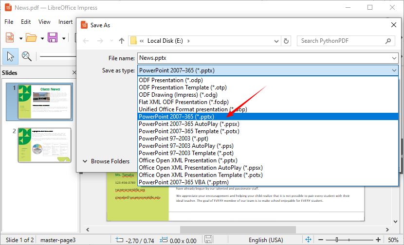 LibreOffice-Tool zum Online-Konvertieren von PDF in PPTX