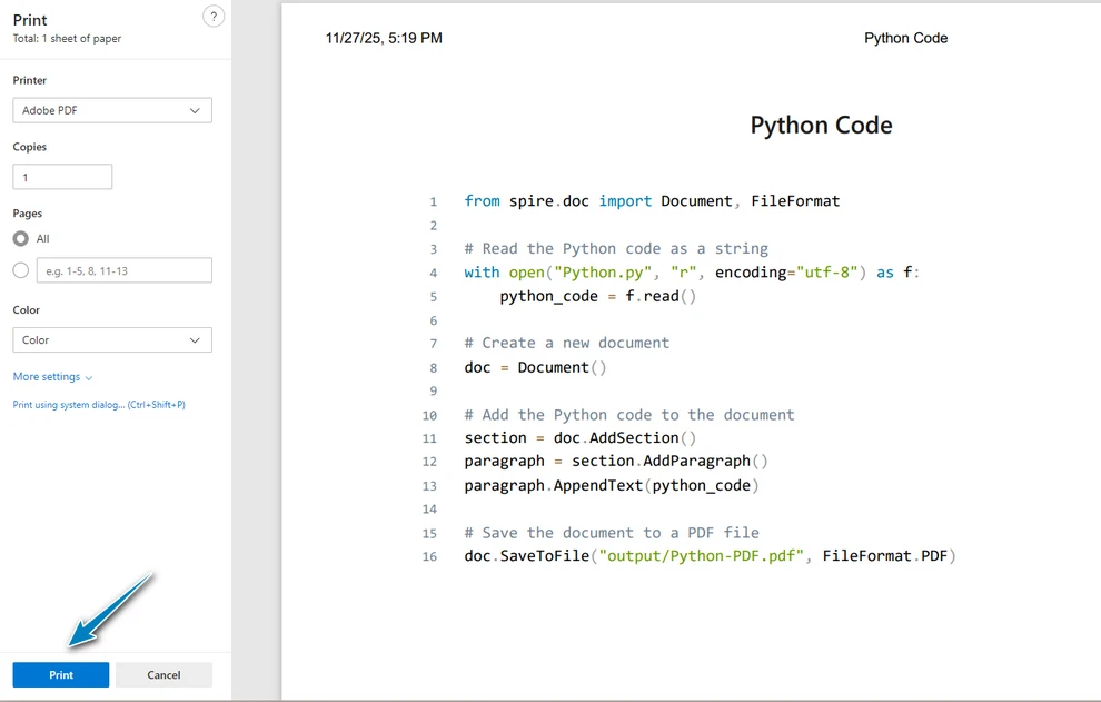 Печать документа в формате PDF
