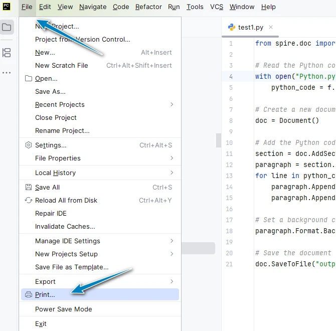 Печать кода Python в PyCharm