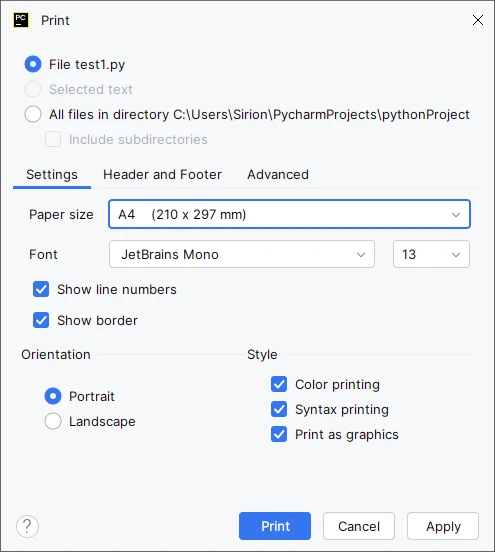 Настройка печати в PyCharm