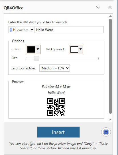 The Result Showing the QR Code Generated with QR4Office Add-in