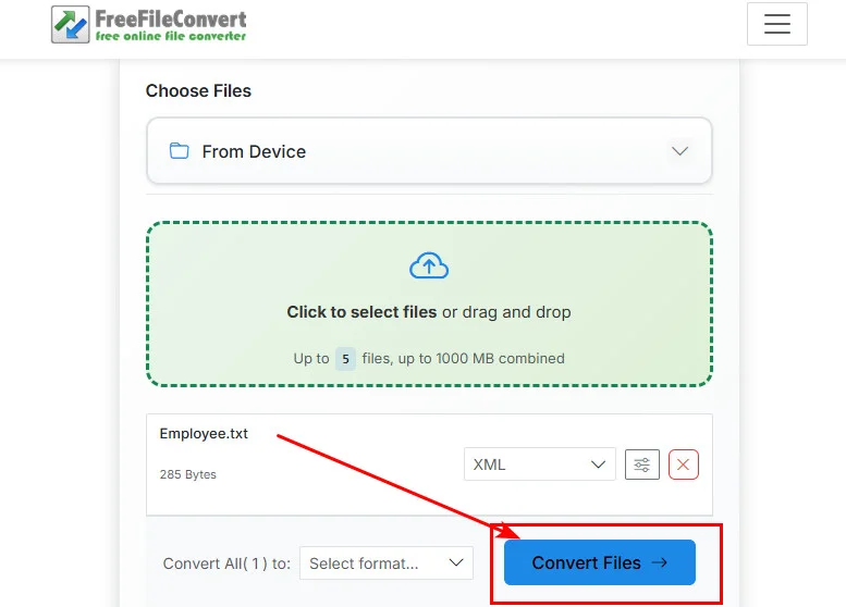 Konvertieren von Textdateien in XML mit FreeFileConvert