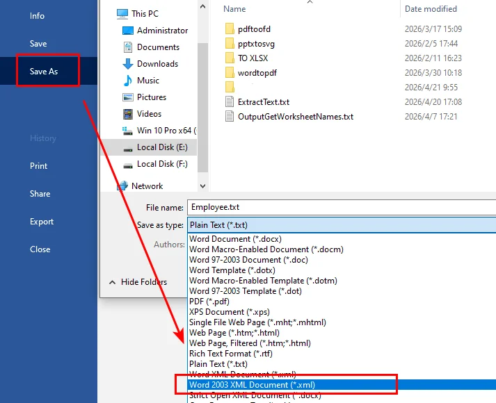 Konvertieren einer Textdatei in XML mit Speichern unter in MS Word