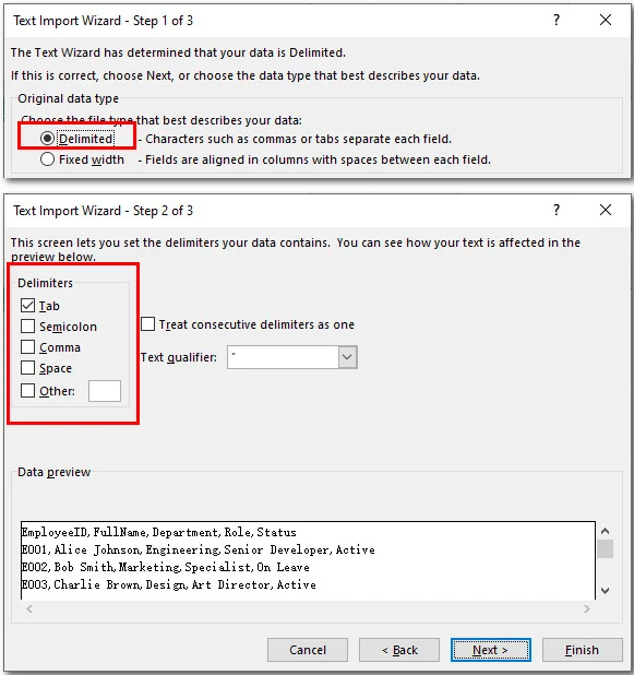Choisir le type de fichier et le délimiteur du document TXT