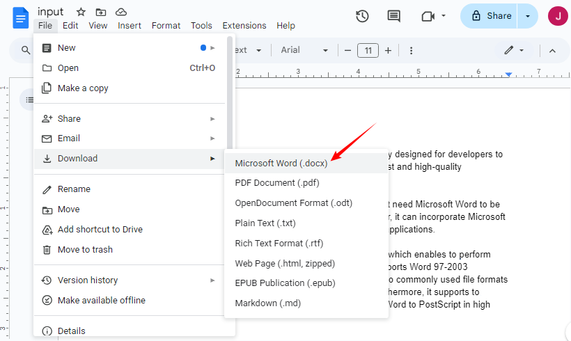 Google Docs를 사용하여 TXT 파일을 Word 파일로 다운로드