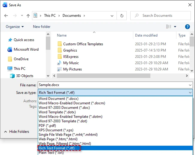 Converti Word in RTF usando l'opzione Salva con nome di Microsoft Word