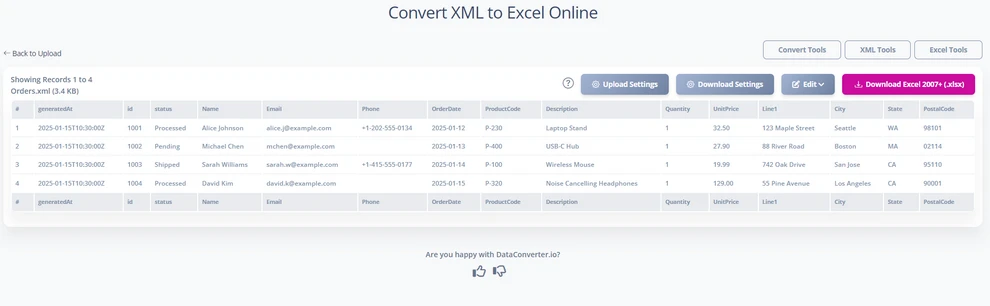 Convertir XML a XLSX usando la Herramienta en Línea de DataConverter.io