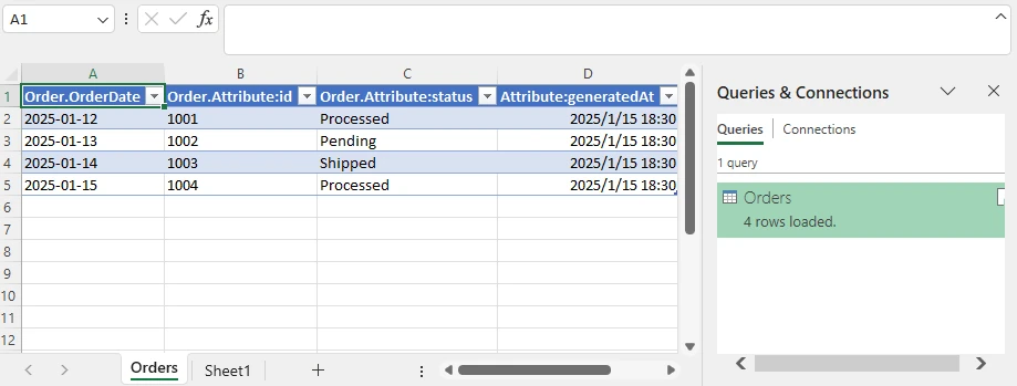Resultado de importar XML a XLSX usando Excel