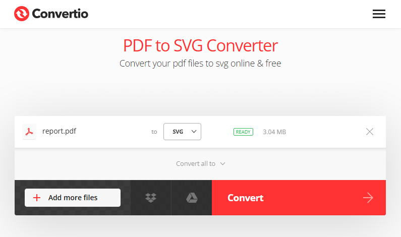 Convertitore gratuito batch da PDF a SVG di Convertio