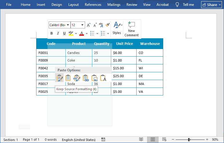 Copiar datos de Excel y pegar en Word