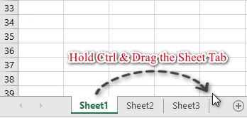 Copy an Excel worksheet by holding Ctrl and dragging the tab