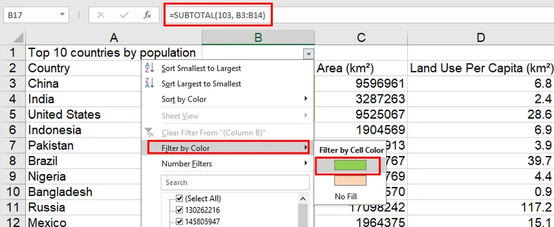 Counting Excel Cells by Color Using SUBTOTAL Method