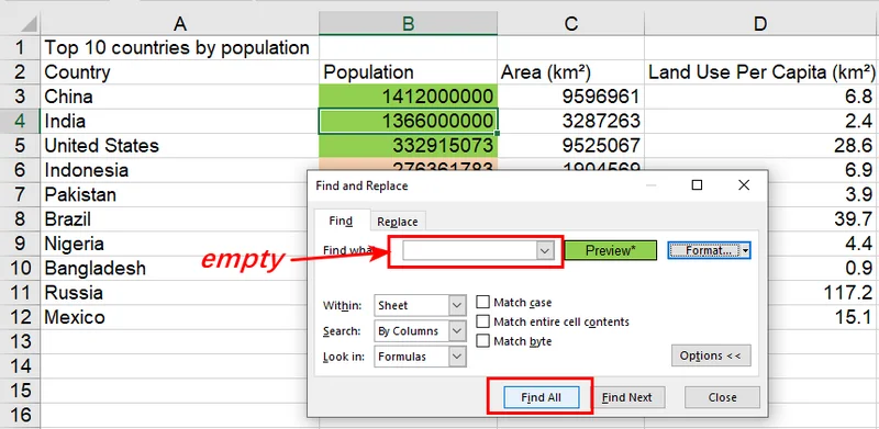 Count Highlighted Cells in Excel Using Find All Method